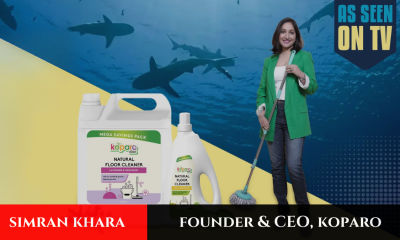 Woman executive, known from Shark Tank, with cleaning products, advertising eco-friendly cleaning brand.